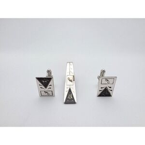Vintage KREISLER USA Cufflinks Tie Clip/Bar Set 925 Sterling Silver &‎ Black